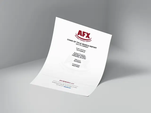 The cover page of an AFX Research chain of title search report