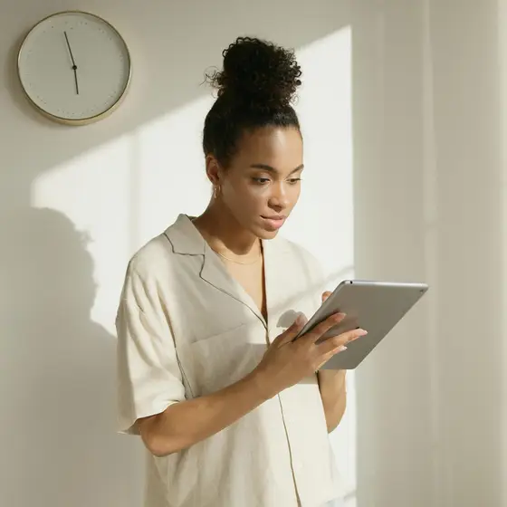 A person reading a title report on a tablet beside a wall clock